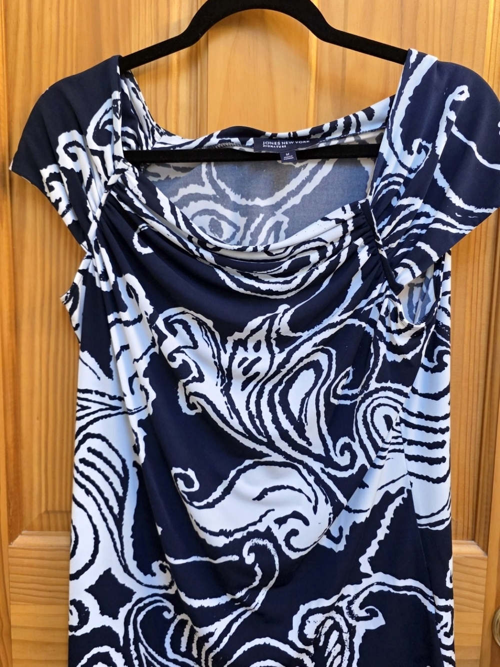 Jones New York Navy and White Abstract Cowl Neck Blouse
